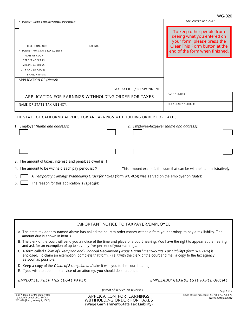 Form WG-020 Application for Earnings Withholding Order for Taxes (State Tax Liability) - California, Page 1