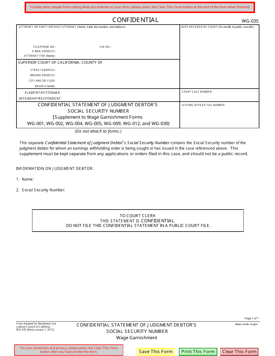 Form WG-035 Confidential Statement of Judgment Debtors Social Security Number - California, Page 1