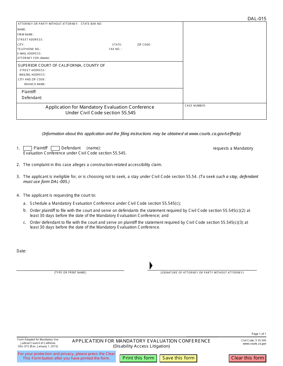 Form DAL-015 Application for Mandatory Evaluation Conference Under Code of Civil Procedure Section 55.545 - California, Page 1