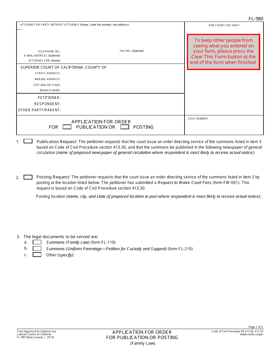 Form FL-980 Application for Order for Publication or Posting - California, Page 1
