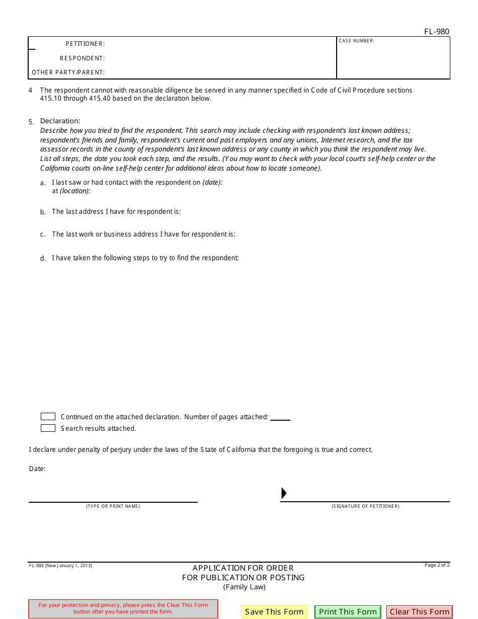 Form FL-980 - Fill Out, Sign Online and Download Fillable PDF ...