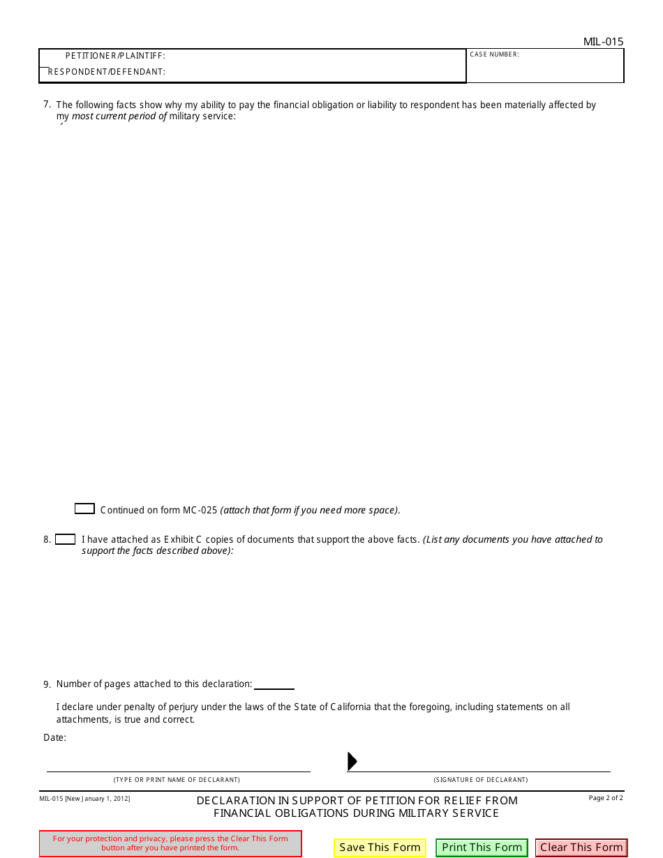 Form MIL-015 Declaration in Support of Petition for Relief From Financial Obligations During Military Service - California, Page 2