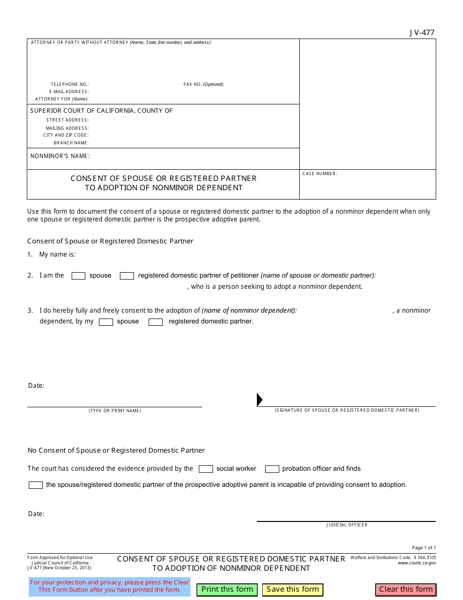 Form JV-477 Consent of Spouse or Registered Partner to Adoption of Nonminor Dependent - California, Page 1
