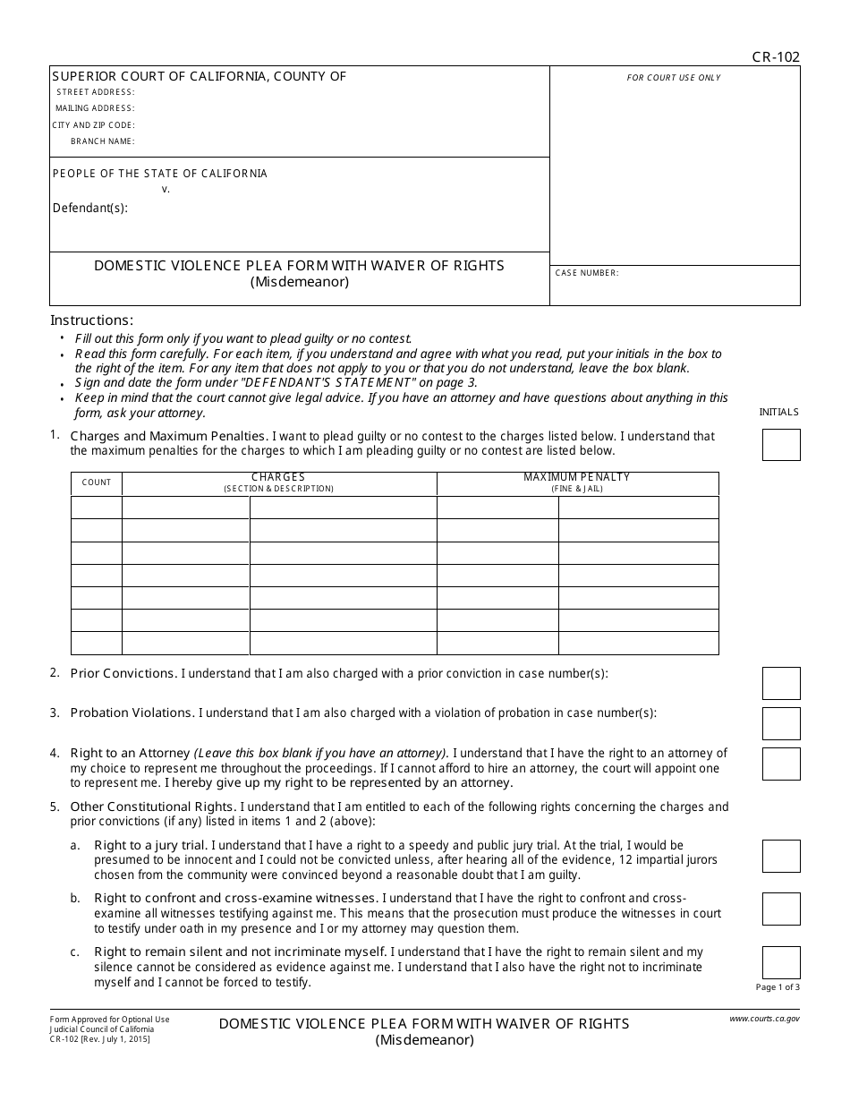 Form CR-102 Domestic Violence Plea Form With Waiver of Rights (Misdemeanor) - California, Page 1