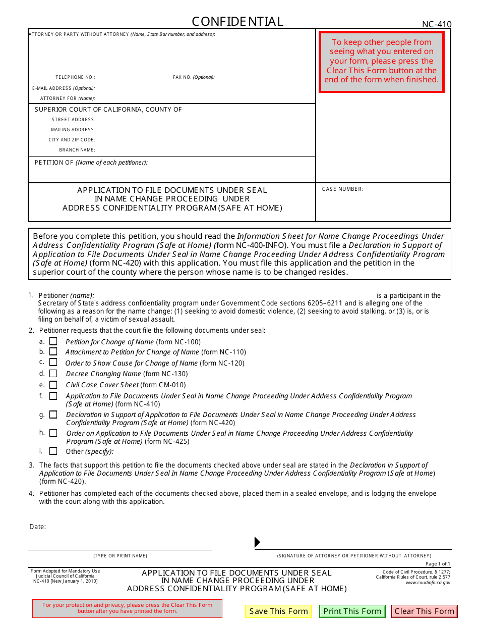 Form NC-410 Application to File Documents Under Seal in Name Change Proceeding Under Address Confidentiality Program (Safe at Home) - California, Page 1