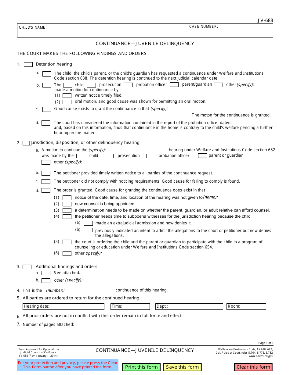 Form JV-688 Continuance - Juvenile Delinquency - California, Page 1