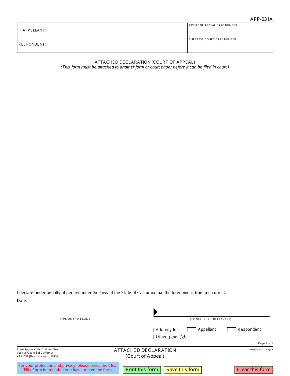 Form APP-031A Attached Declaration (Court of Appeal) - California, Page 1