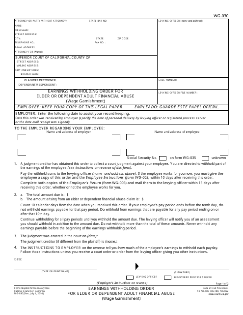 Form WG-030 Earnings Withholding Order for Elder and Dependent Adult Financial Abuse - California