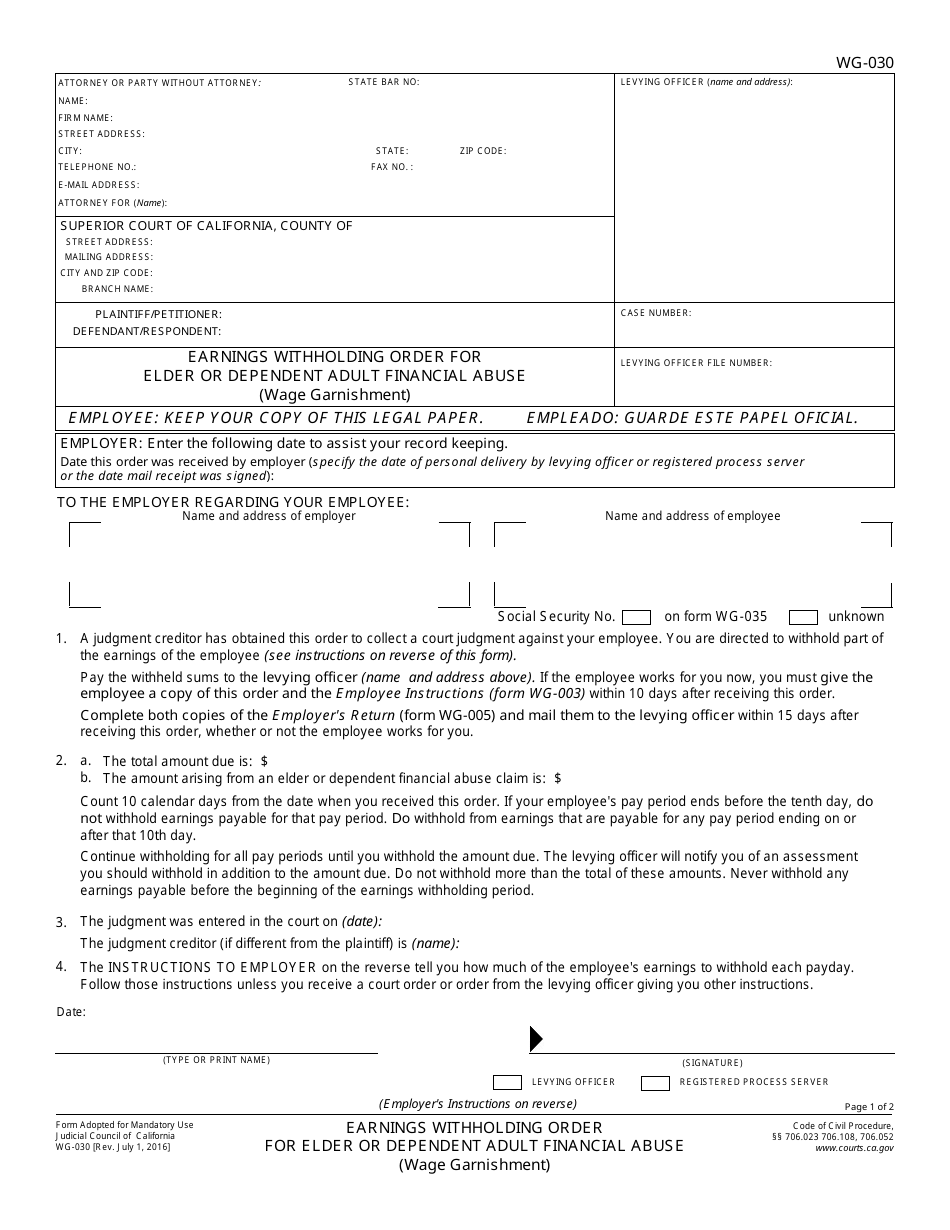 Form WG-030 Earnings Withholding Order for Elder and Dependent Adult Financial Abuse - California, Page 1