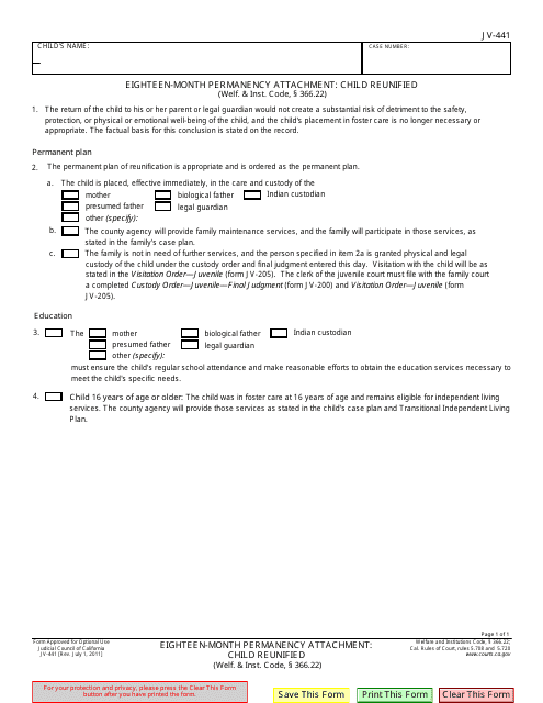 Form JV-441 Eighteen-Month Permanency Attachment: Child Reunified (Welf. & Inst. Code, 366.22) - California