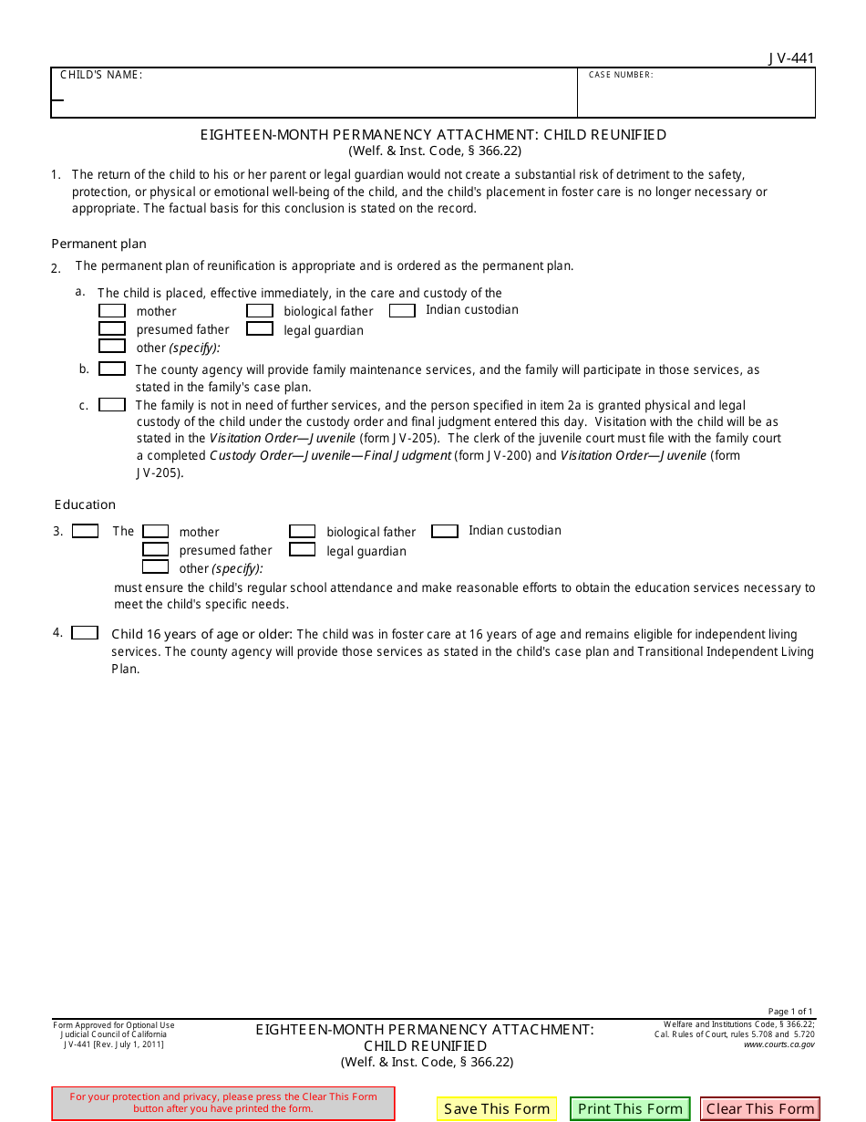 Form JV-441 Eighteen-Month Permanency Attachment: Child Reunified (Welf.  Inst. Code, 366.22) - California, Page 1