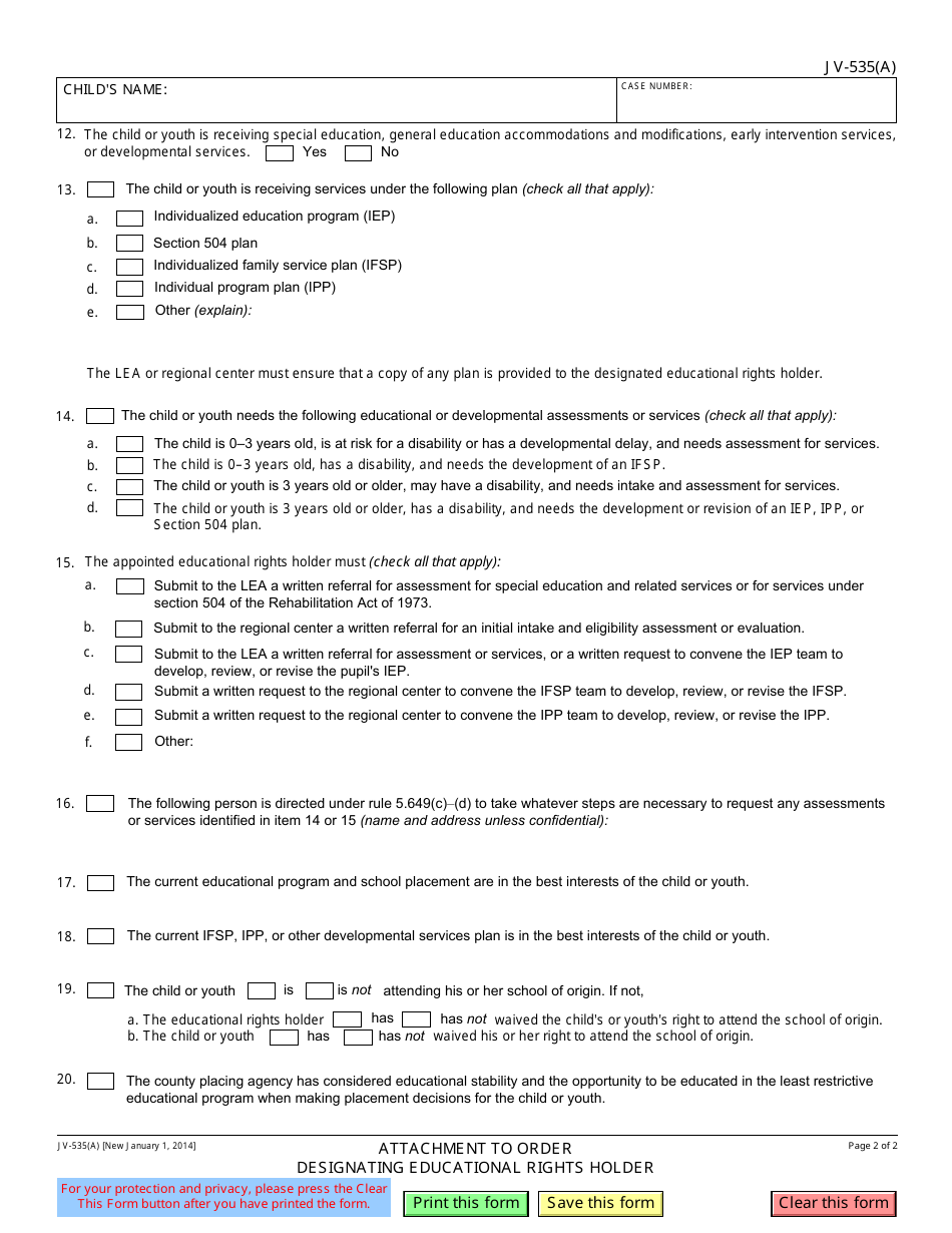 Form JV-535(A) Attachment to Order Designating Educational Rights Holder - California, Page 2