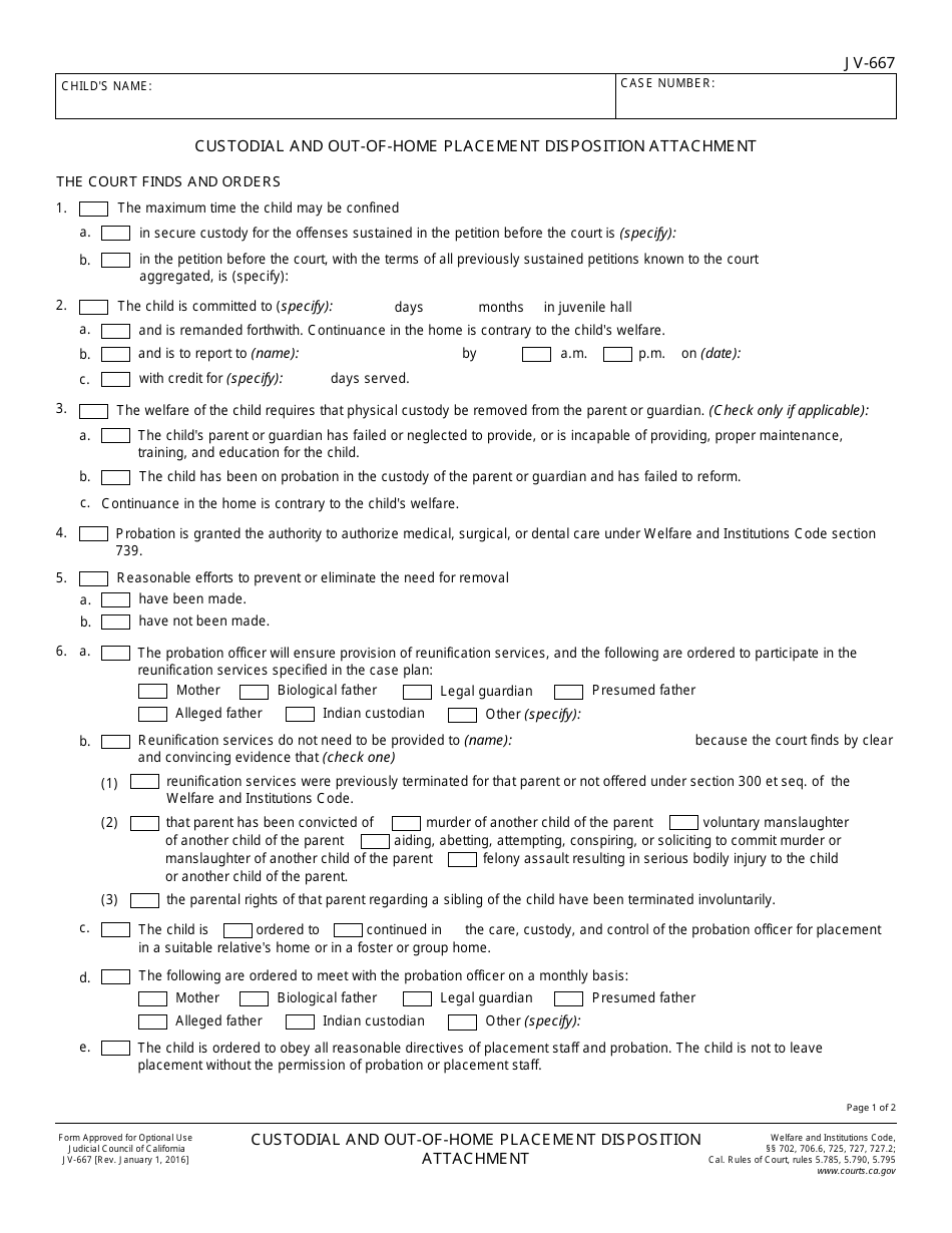 Form Jv 667 Download Printable Pdf Or Fill Online Custodial And Out Of Home Placement Disposition Attachment California Templateroller