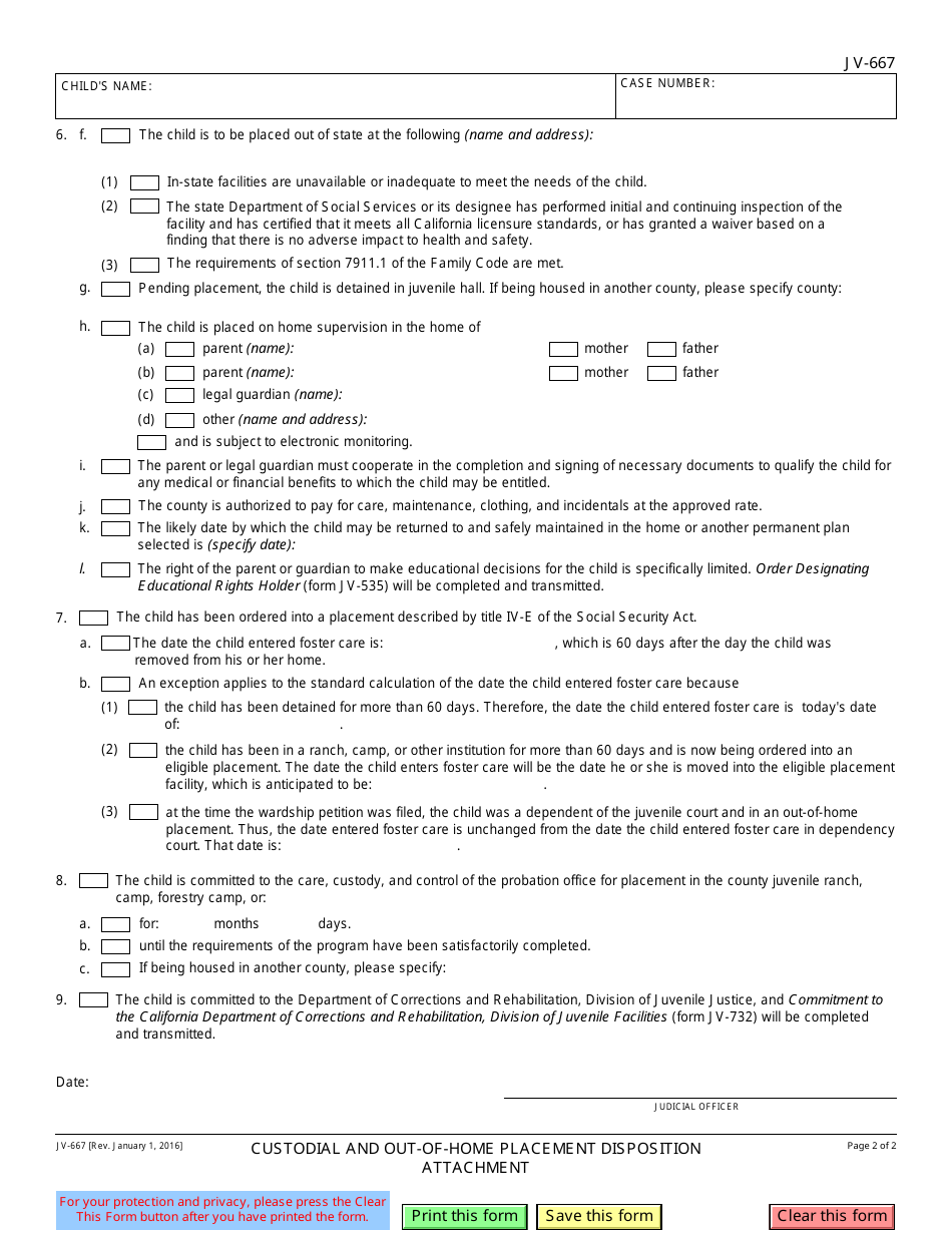 Form JV-667 Custodial and out-Of-Home Placement Disposition Attachment - California, Page 2