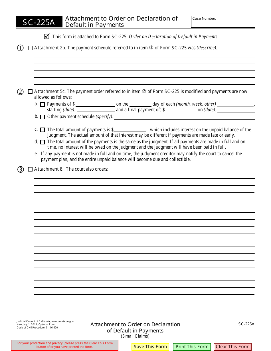 Form SC-225A Attachment to Order on Declaration of Default in Payments - California, Page 1