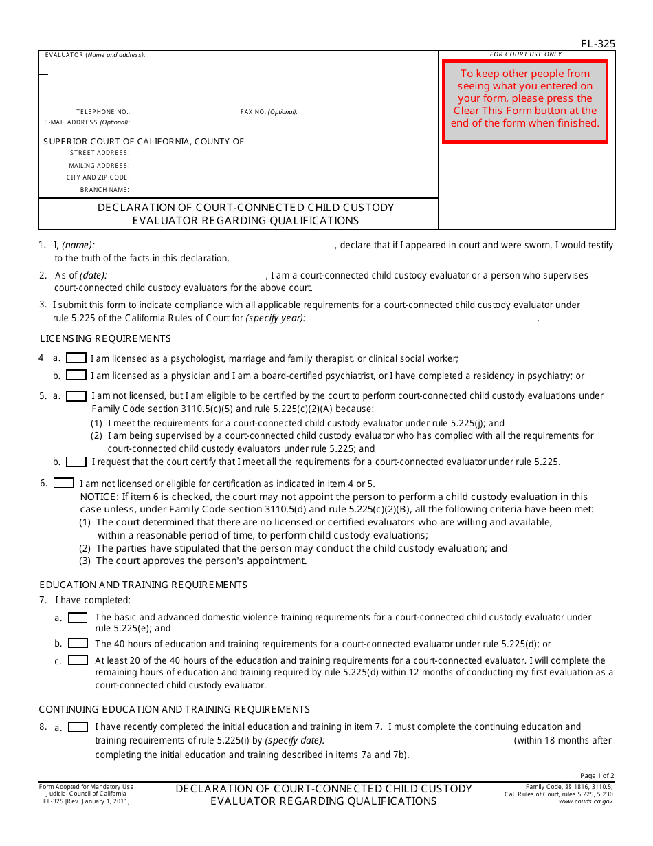 Form FL-325 Declaration of Court-Connected Child Custody Evaluator Regarding Qualifications - California, Page 1