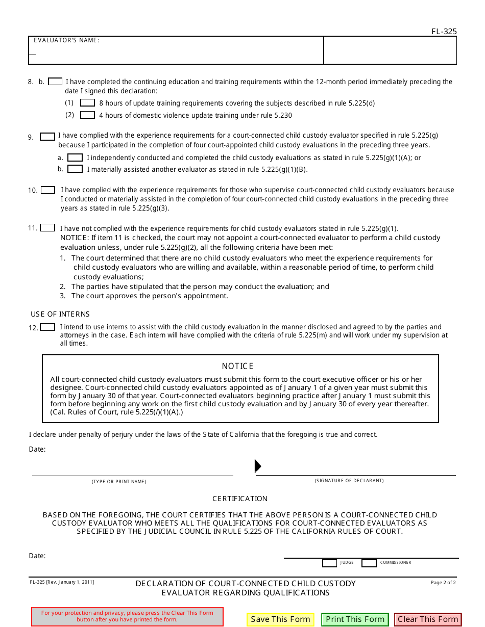 Form FL-325 Declaration of Court-Connected Child Custody Evaluator Regarding Qualifications - California, Page 2