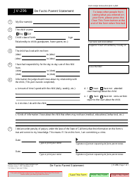 Document preview: Form JV-296 De Facto Parent Statement - California