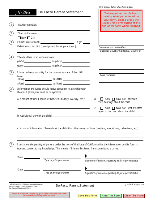 Form JV-296  Printable Pdf