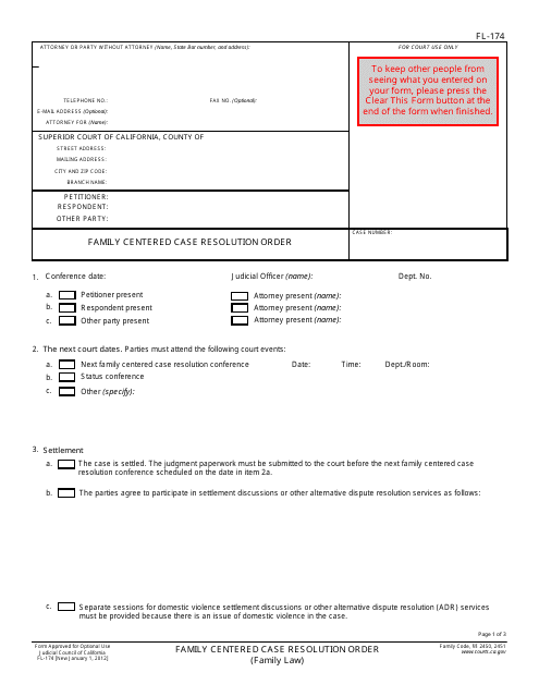 Form FL-174 Family Centered Case Resolution Order - California