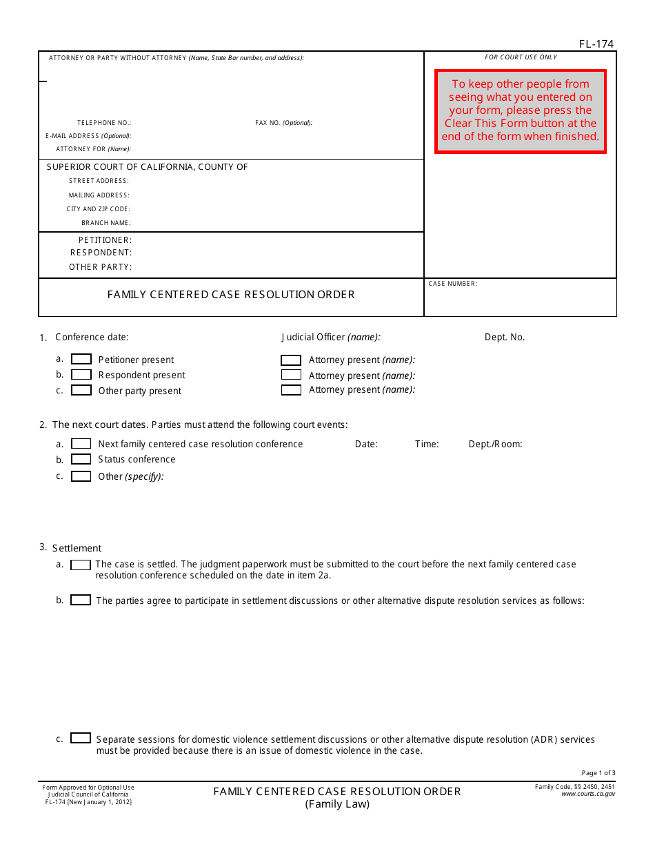 Form FL-174 Family Centered Case Resolution Order - California, Page 1
