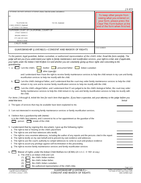 Form JV-419 Guardianship - Consent and Waiver of Rights - California
