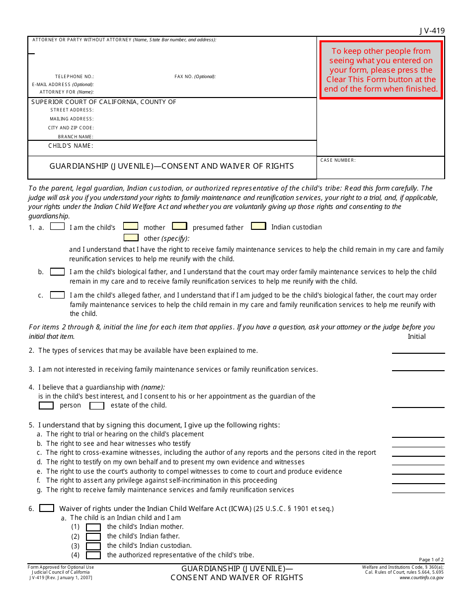 Form JV-419 Guardianship - Consent and Waiver of Rights - California, Page 1