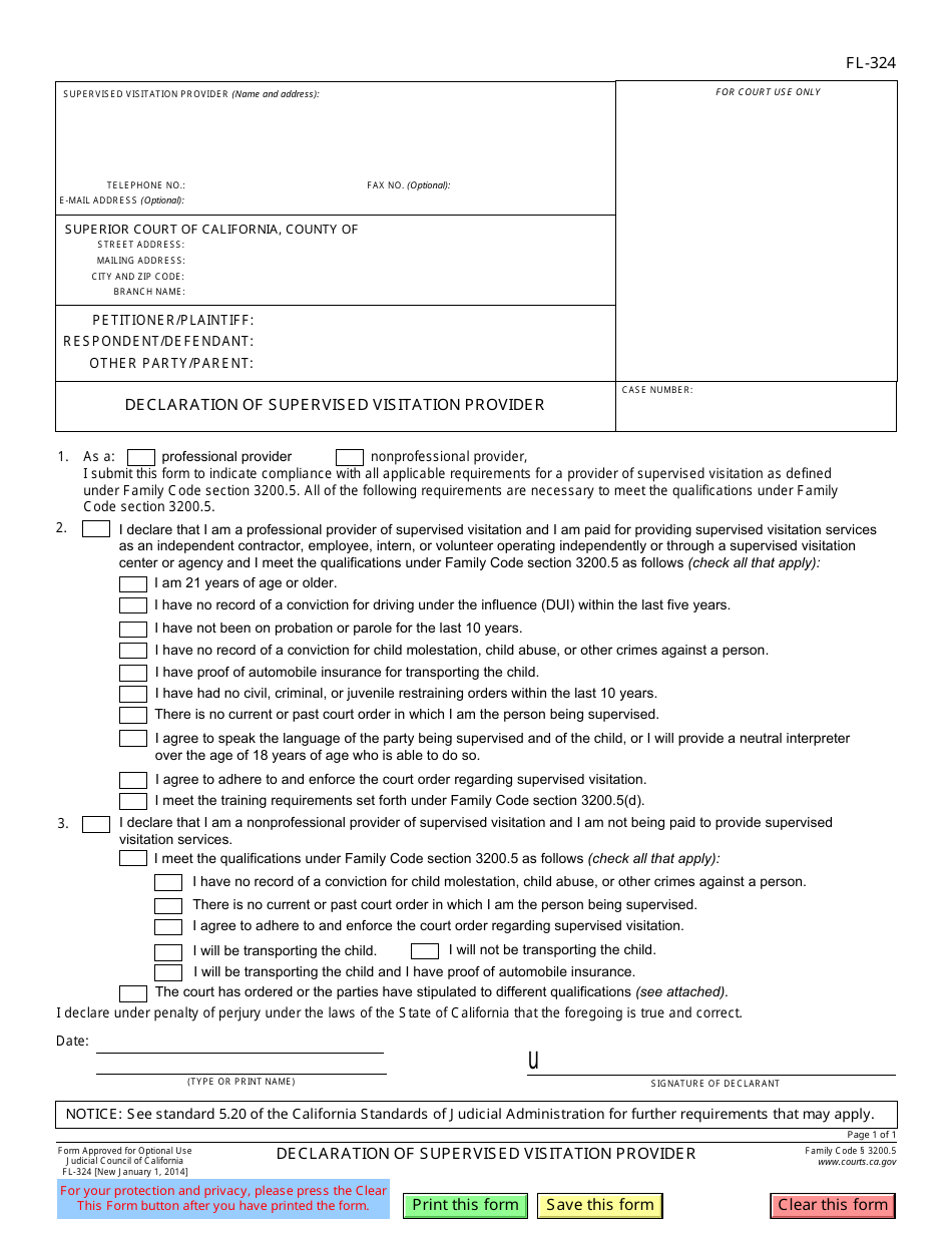 Form FL-324 Declaration of Supervised Visitation Provider - California, Page 1