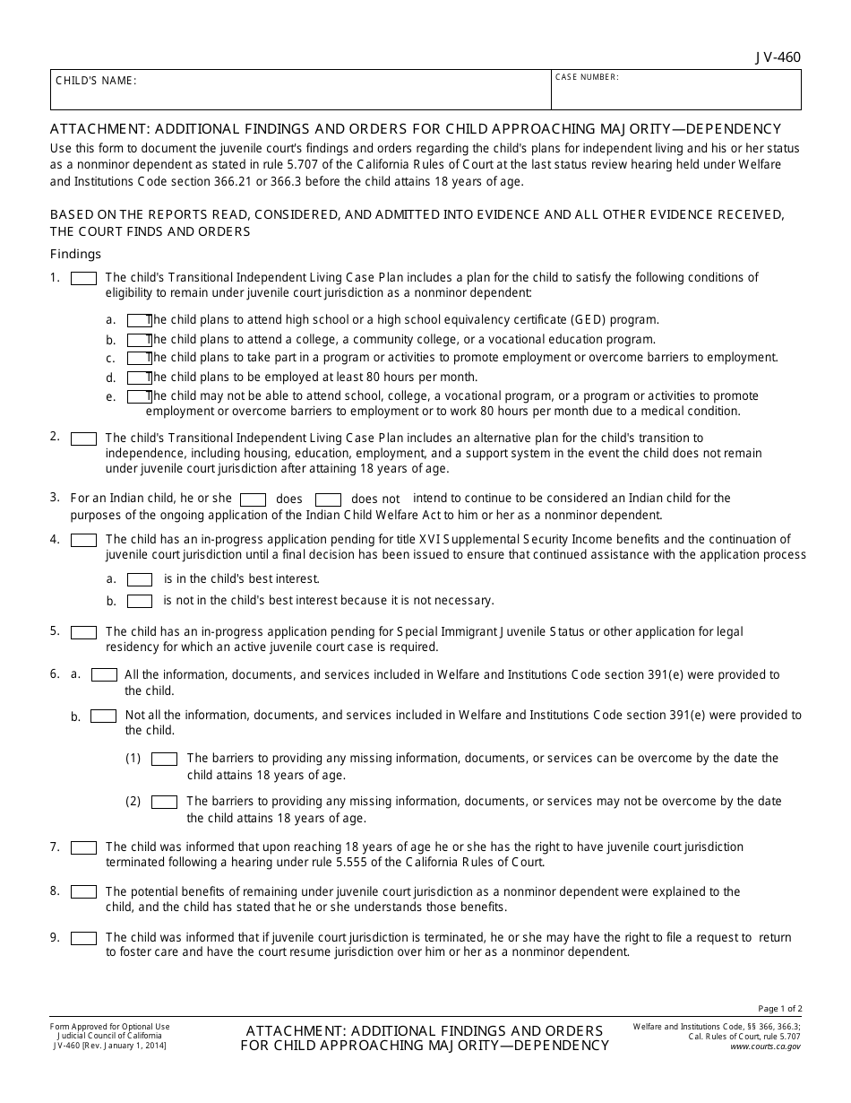Form JV-460 Attachment: Additional Findings and Orders for Child Approaching Majority - Dependency - California, Page 1