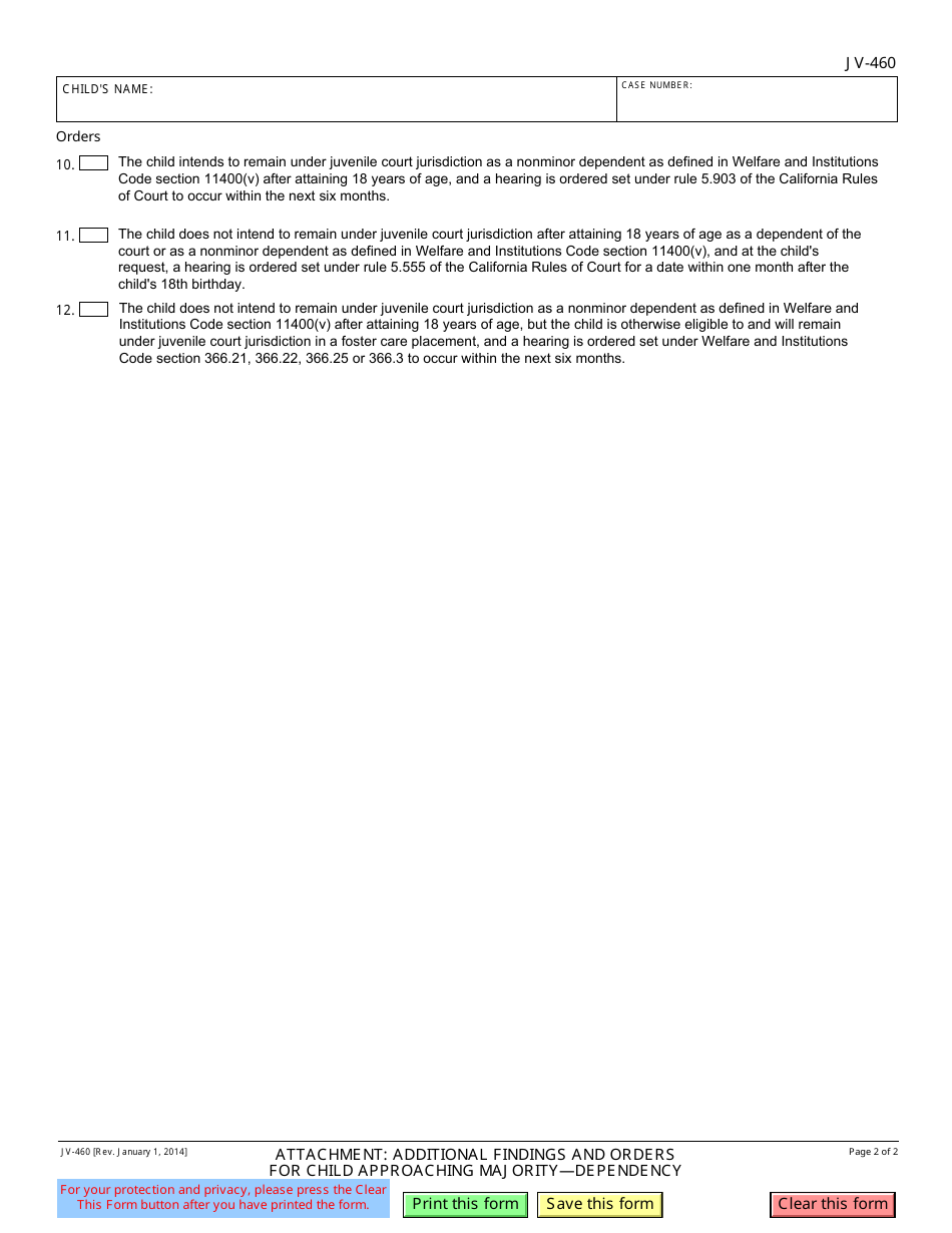Form JV-460 Attachment: Additional Findings and Orders for Child Approaching Majority - Dependency - California, Page 2