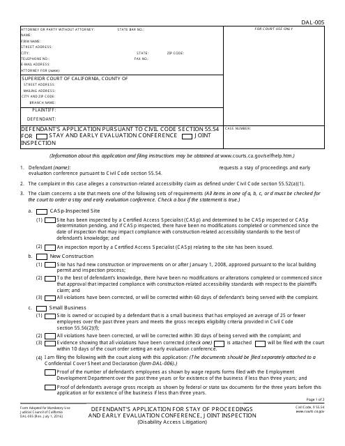 Form DAL-005 Defendant's Application for Stay of Proceedings and Early Evaluation Conference, Joint Inspection - California