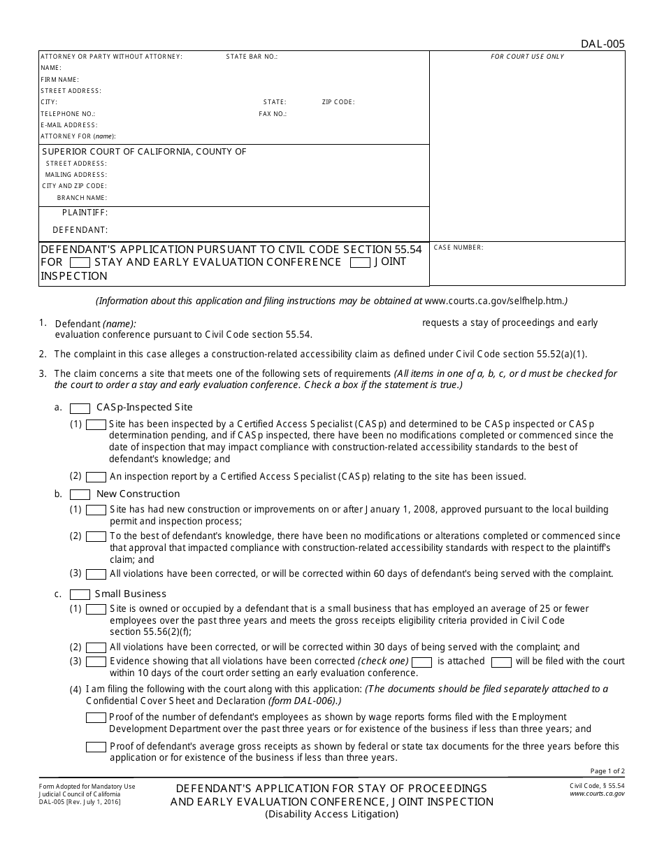 Form DAL-005 Defendants Application for Stay of Proceedings and Early Evaluation Conference, Joint Inspection - California, Page 1