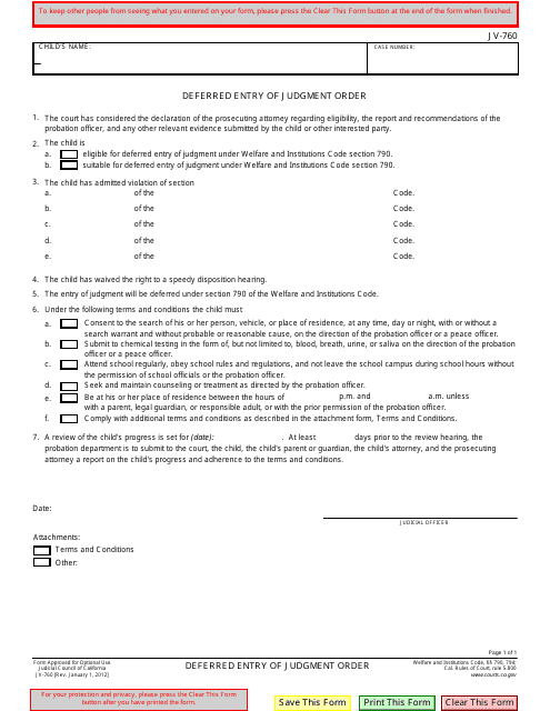 Form JV-760 Deferred Entry of Judgment Order - California