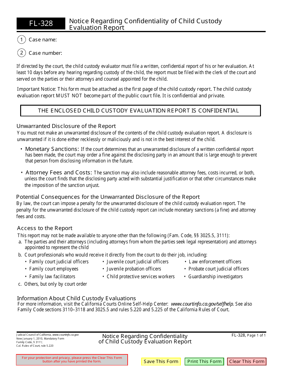 Form FL-328 Notice Regarding Confidentiality of Child Custody Evaluation Report - California, Page 1