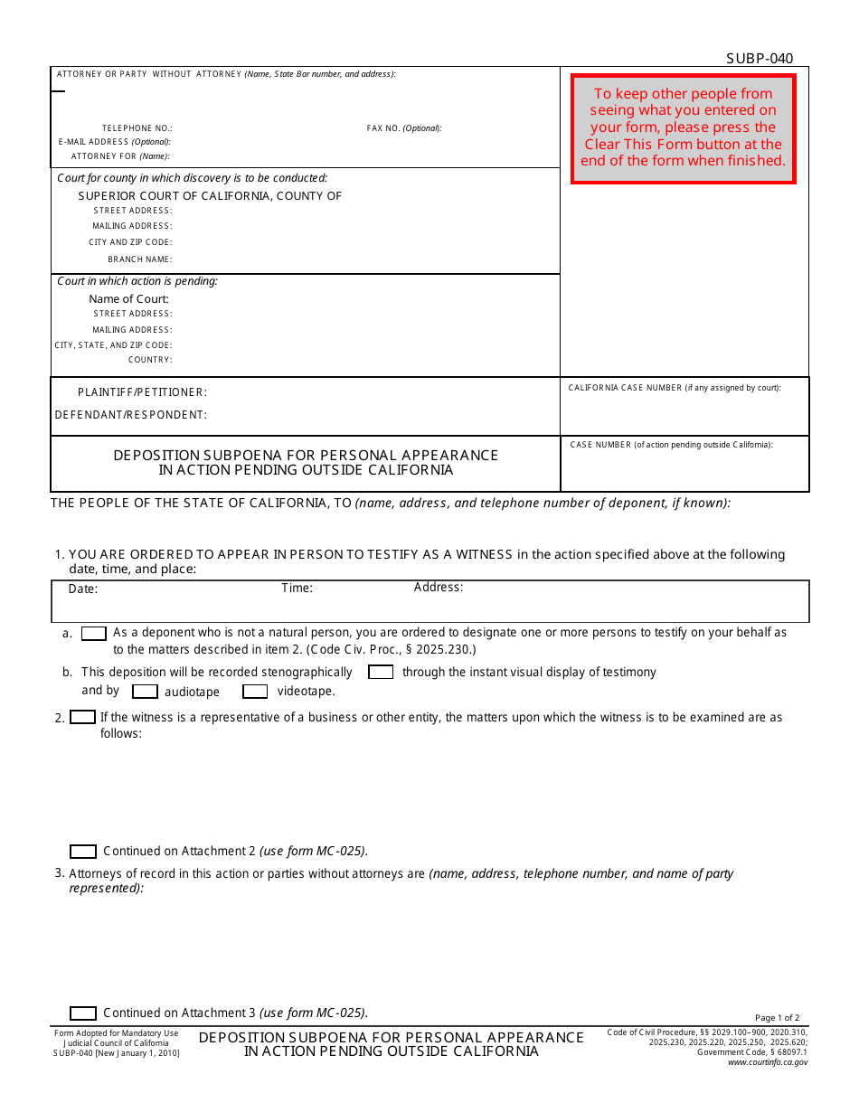 Form SUBP-040 Deposition Subpoena for Personal Appearance in Action Pending Outside California - California, Page 1