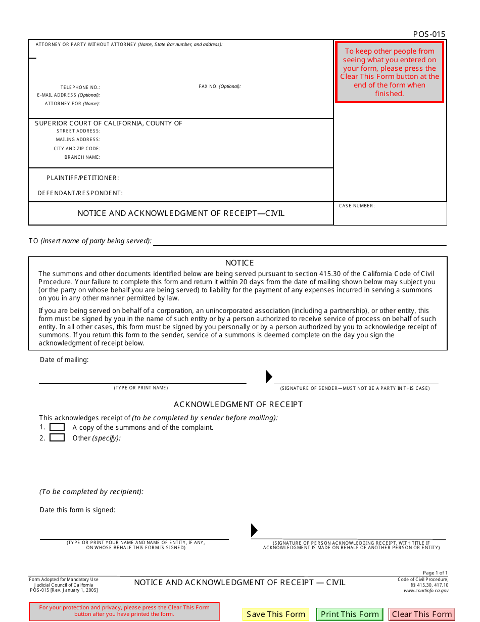 Form POS-015 Notice and Acknowledgment of Receipt - Civil - California, Page 1