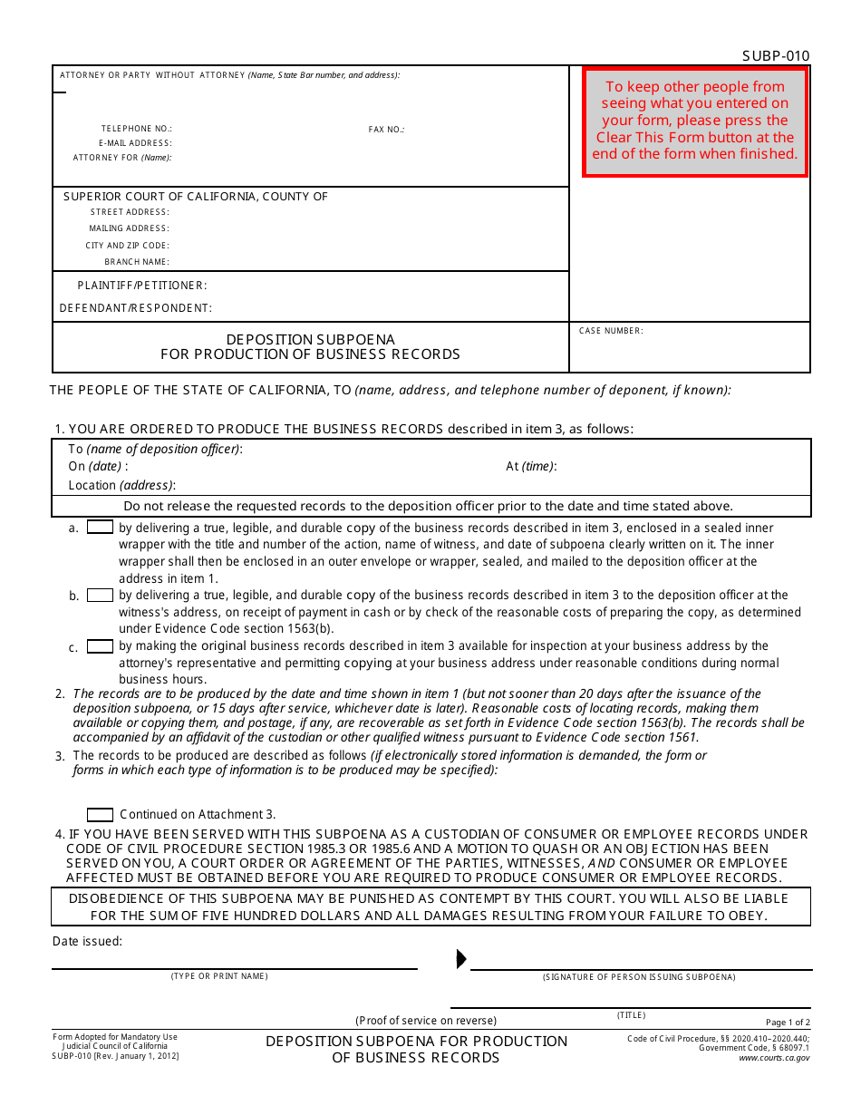 Form SUBP-010 Deposition Subpoena for Production of Business Records - California, Page 1