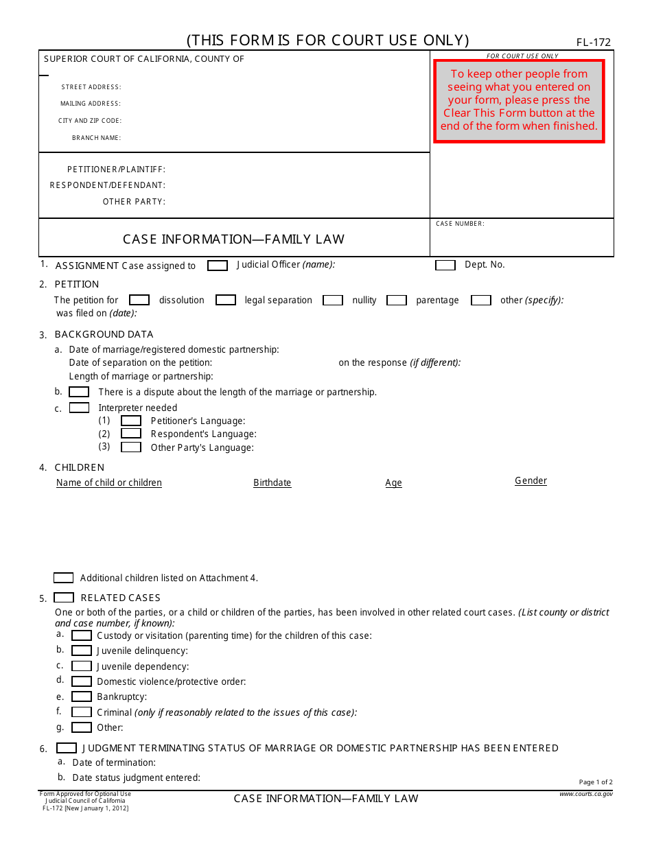 Form FL-172 Case Information - Family Law - California, Page 1