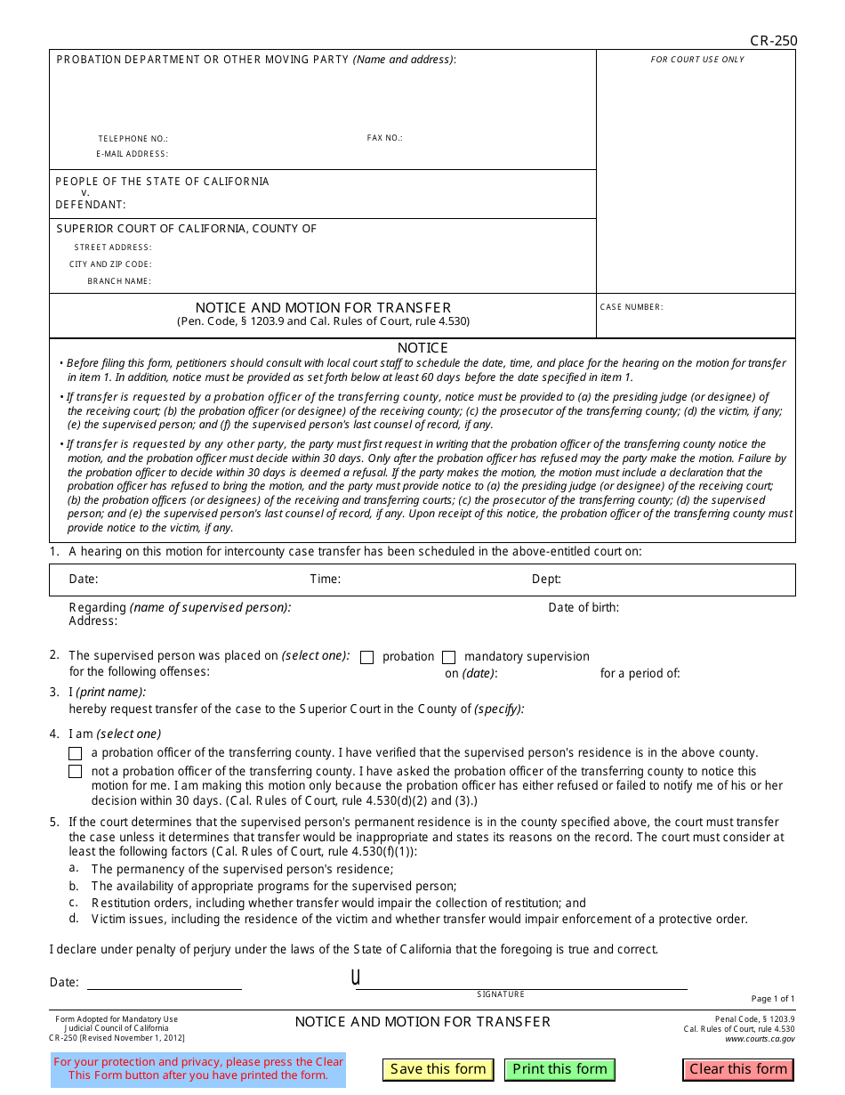 Form CR-250 Notice and Motion for Transfer - California, Page 1