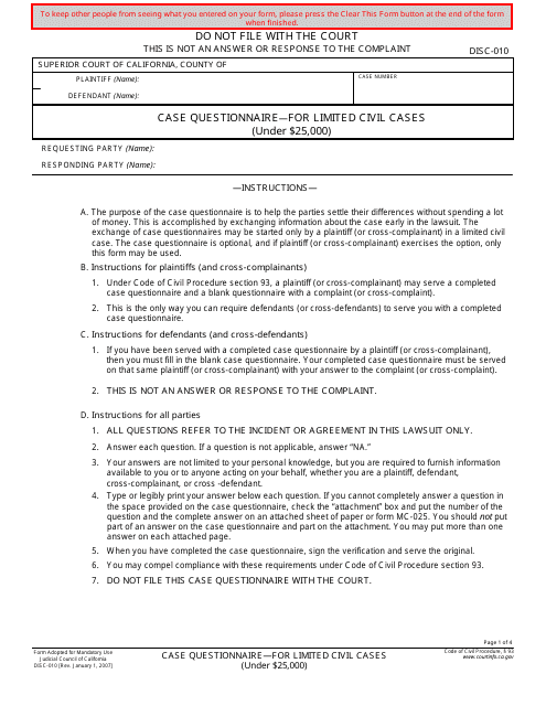 Form DISC-010 Case Questionnaire - for Limited Civil Cases (Under $25,000) - California