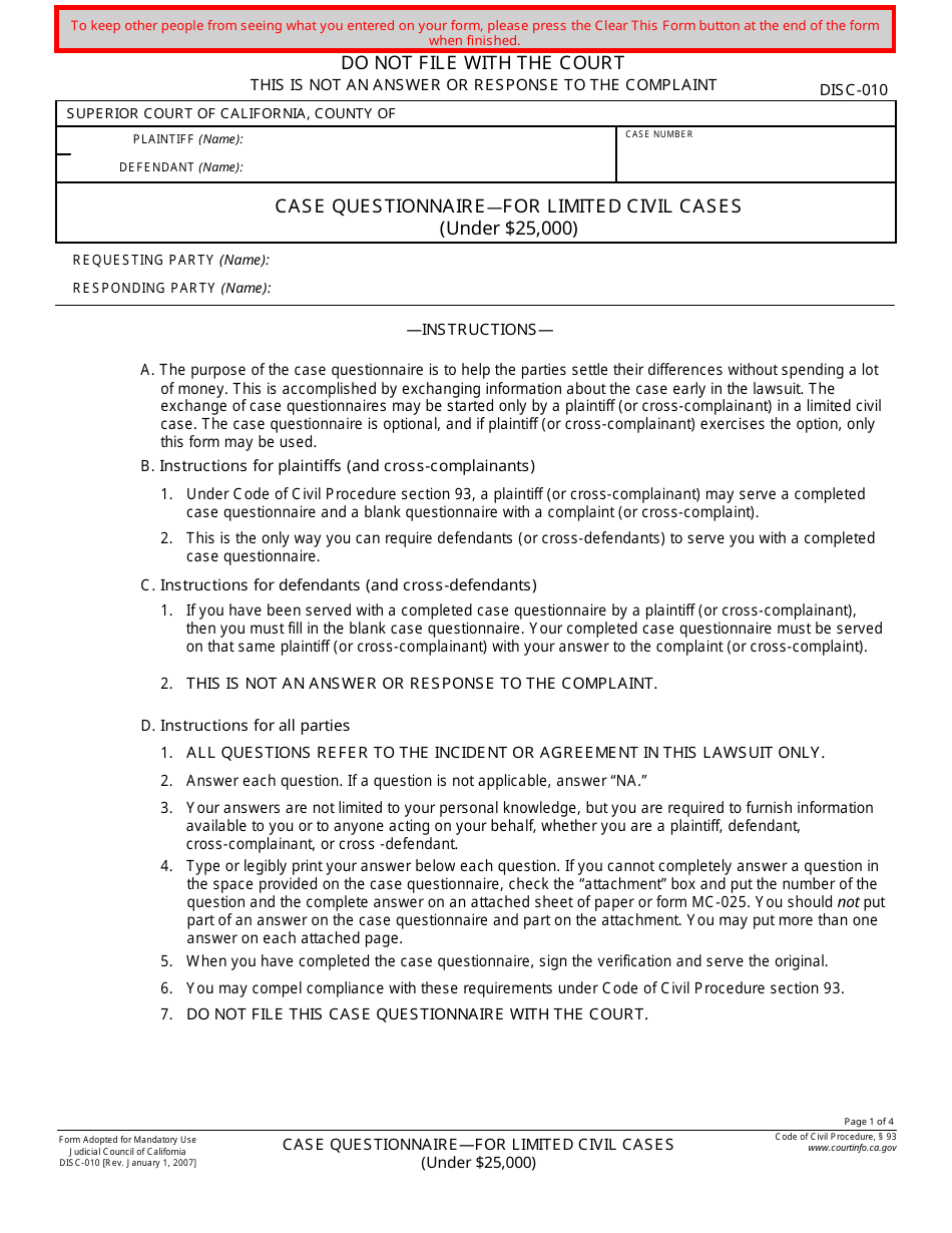 Form DISC-010 Case Questionnaire - for Limited Civil Cases (Under $25,000) - California, Page 1