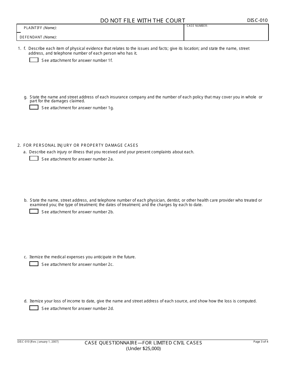 Form DISC-010 Case Questionnaire - for Limited Civil Cases (Under $25,000) - California, Page 3