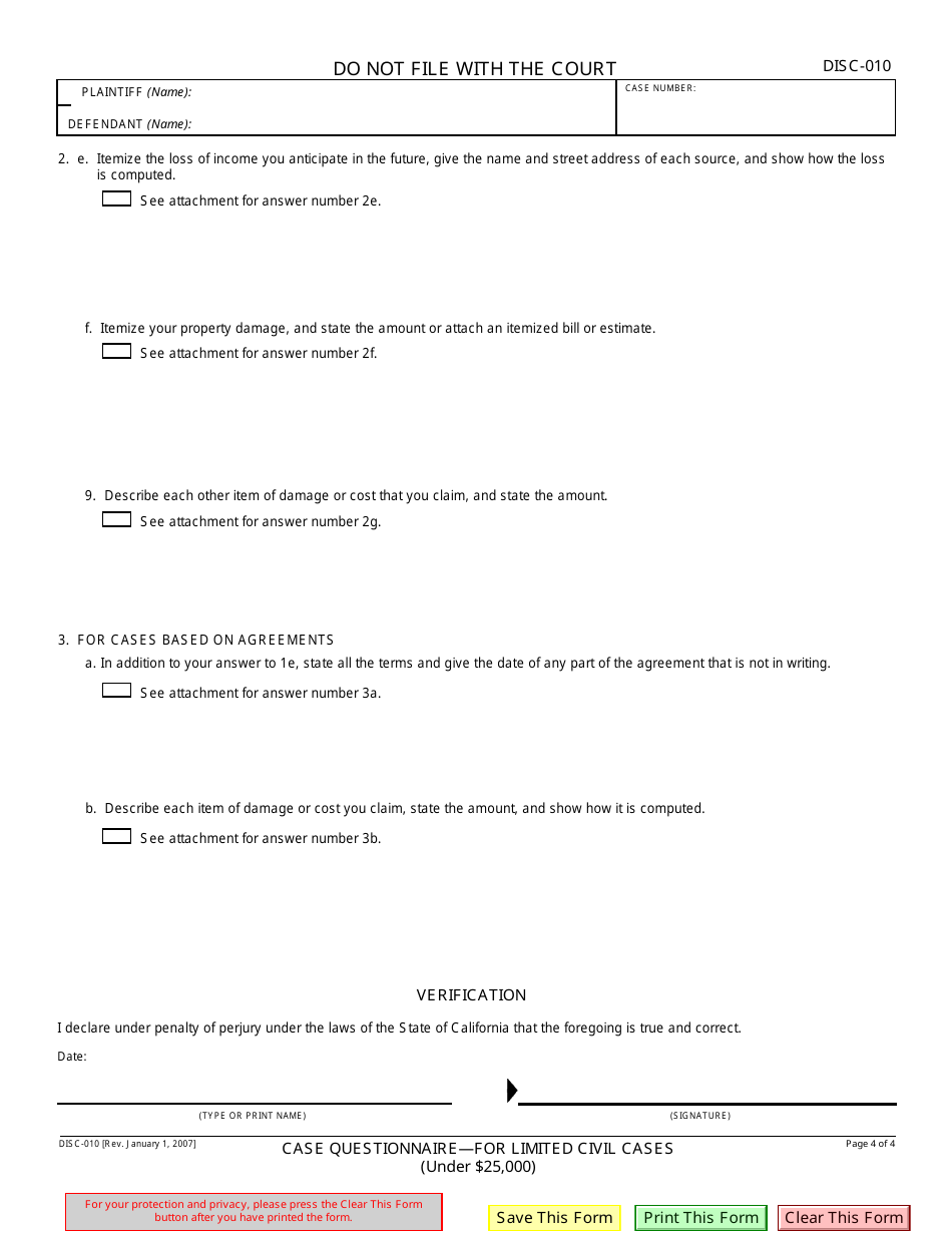 Form DISC-010 Case Questionnaire - for Limited Civil Cases (Under $25,000) - California, Page 4