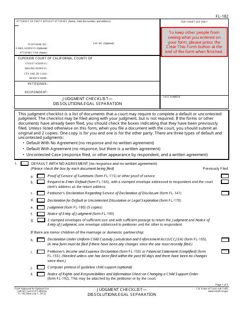 Form FL-182 Judgment Checklist - Dissolution/Legal Separation - California
