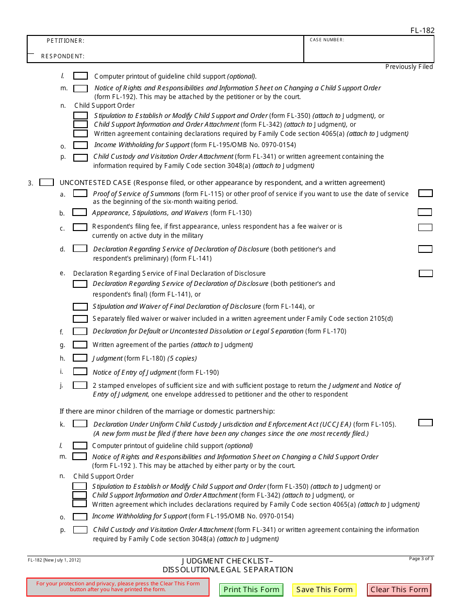 Form FL-182 Judgment Checklist - Dissolution / Legal Separation - California, Page 3