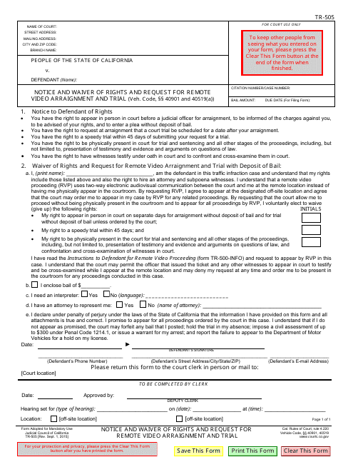 Form TR-505 Notice and Waiver of Rights and Request for Remote Video Arraignment and Trial - California