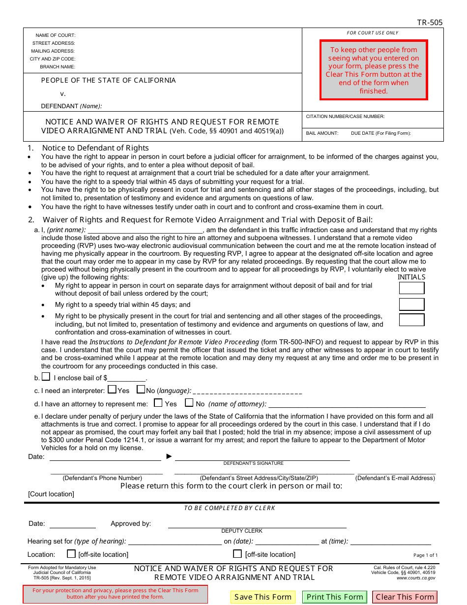 Form TR-505 Notice and Waiver of Rights and Request for Remote Video Arraignment and Trial - California, Page 1