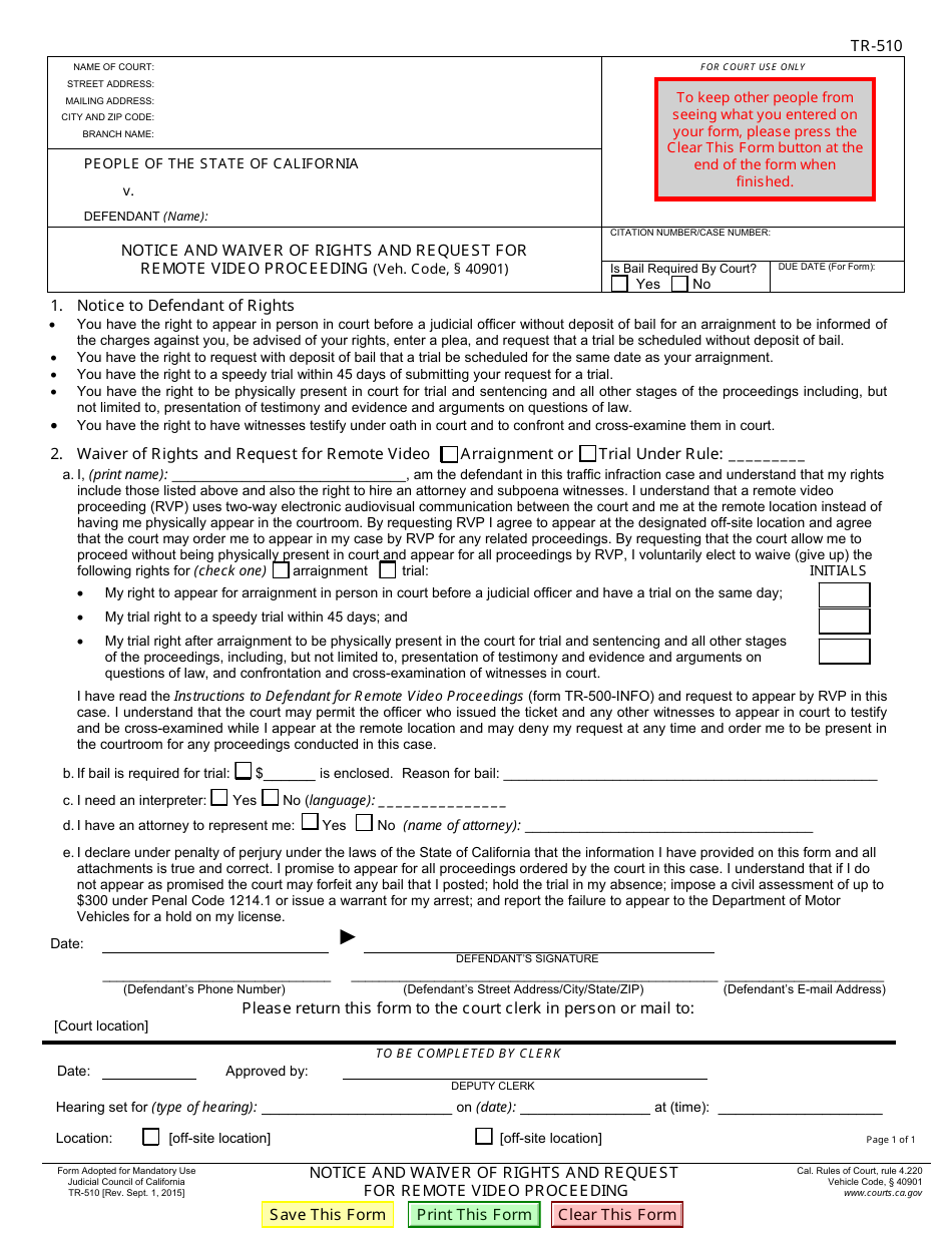 Form TR-510 Notice and Waiver of Rights and Request for Remote Video Proceeding - California, Page 1