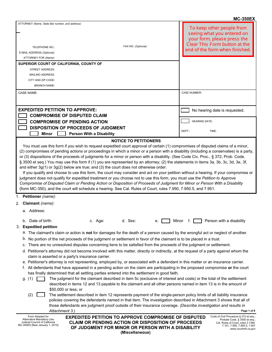 Form MC-350EX Expedited Petition to Approve Compromise of Disputed Claim or Pending Action or Disposition of Proceeds of Judgment for Minor or Person With a Disability - California, Page 1