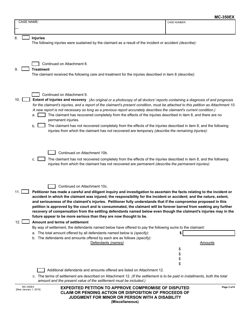 Form MC-350EX Expedited Petition to Approve Compromise of Disputed Claim or Pending Action or Disposition of Proceeds of Judgment for Minor or Person With a Disability - California, Page 3